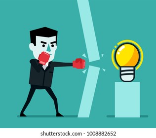 Businessman with boxing gloves breaking through the wall to idea light bulb. Break through barriers concept. Flat style vector illustration