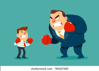 Businessman in boxing gloves fighting against bigger businessman. Business competition concept.