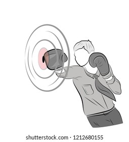 businessman in boxing gloves hits the target. concept of struggle in business. vector illustration.