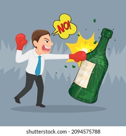 Businessman with boxing gloves punching habit of drinking alcohol, Illustration vector cartoon