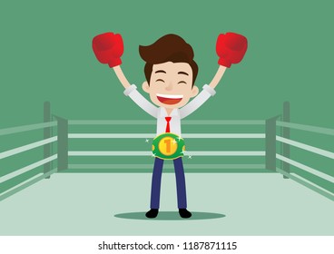 Businessman in boxing gloves wearing championship belt and standing on the boxing ring, Cartoon vector illustration