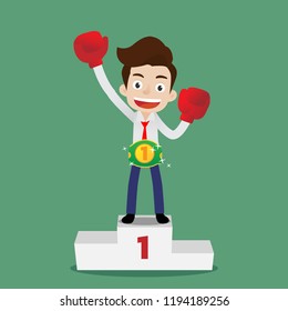 Businessman in boxing gloves wearing championship belt and standing on number one podium, Cartoon vector illustration