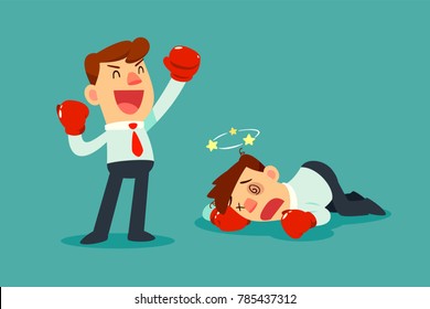 Businessman in boxing gloves won the fight against another businessman. Business competition concept.