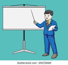 Businessman boy is presenting a job. vector drawn