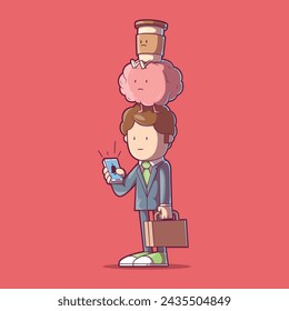 A Businessman, with a brain and a coffee character on top of his head vector illustration. Business design concept.