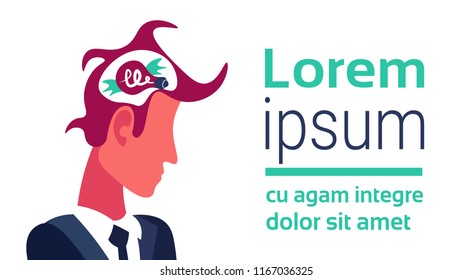 businessman brain generating new idea creative light lamp innovation concept cartoon character isolated profile portrait flat horizontal copy space vector illustration