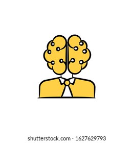 businessman with brain head for machine learning concept yellow hand drawn theme