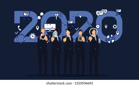 Businessman  Brainstorming  5  person with Hold 
Light bulbs,Magnifying glass,Cog,Magnet,2020 logo text  - Icon Business creativity Idea and concept design.