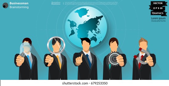 Businessman  Brainstorming  5  person and
Light bulbs,Magnifying glass,Cog,Magnet, -  modern Idea and Concept Vector illustration Business with  background Earth.