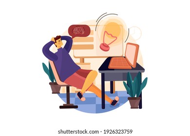 Geschäftsmann, der über den Start Brainstorming nachdenkt. Flache Illustration einzeln auf weißem Hintergrund.