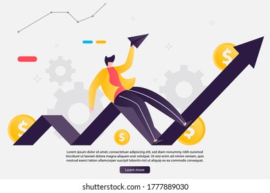 Empresario de análisis de gráficos financieros concepto de trabajo estadísticas de comercio. Ilustración vectorial del concepto del mercado de valores. Adecuado para página de inicio, editorial, volante, banner.