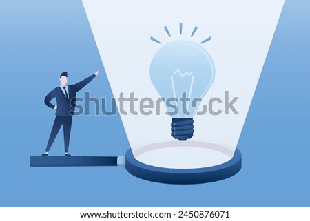 Businessman brainstorming, pitching ideas. Find answers, overcoming obstacles. Creative and innovation. Business analysis to find solutions, analyzing new ideas using magnifying glass. flat vector