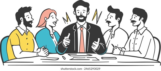 A businessman brainstorming with a team, team collaboration, creative business ideas, corporate teamwork, one continues line art vector illustration