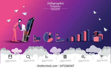 Businessman Brainstorming use Cellphone, Contact communicate  with Chart, icon, paper  rocket fold - creativity innovation modern Idea concept Infographics template.
