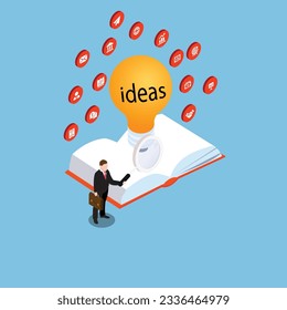 Businessman brainstorms ideas on a notebook with light bulb isometric 3d vector illustration concept for banner, website, illustration, landing page, flyer, etc