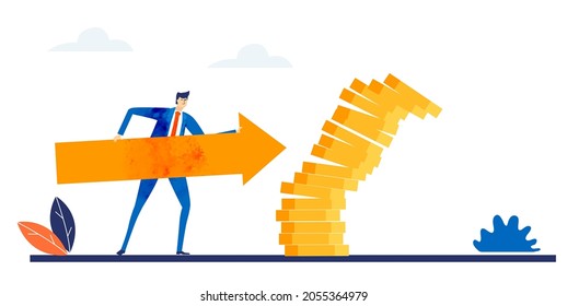 Businessman brake coin stack with arrow. Investments, banking, financial crisis concept illustration