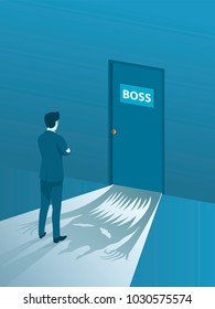 Businessman Brave Standing Front Of The Boss Room, Simple Flat Vector.