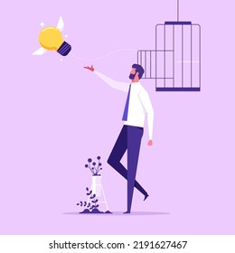 Businessman Break Free Flying Light Bulb Idea From Bird Cage, Vector Illustration Design