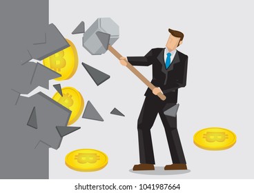 Businessman break open wall for bitcoins. Business concept on cryptocurrency mining.