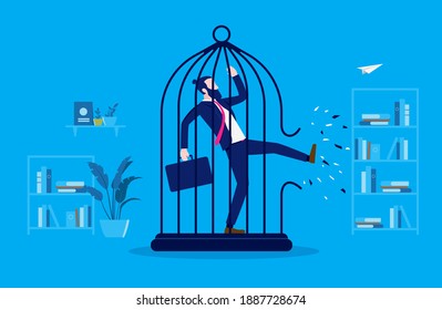 Businessman breaking cage - Man kicking a birdcage open to find freedom. Break free, and life change concept. Vector illustration.
