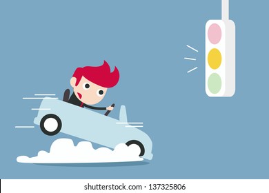 businessman breaking car with yellow traffic light, vector