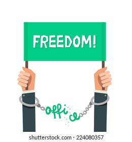 Businessman breaking the chain made of "office" word. Worker decides to leave office job and become freelancer. Freedom concept. Colorful vector illustration in flat style isolated on white