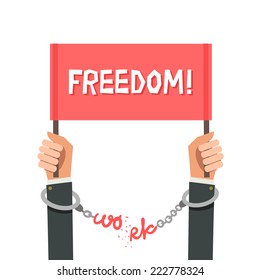 Businessman breaking the chain made of "work" word. Employee leaves work. Freedom concept. Colorful vector illustration in flat style isolated on white