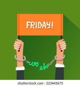 Businessman breaking the chain made of the "work" word and holding the word "Friday". Employee leaves work. Colorful vector illustration in flat style
