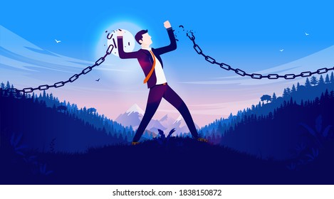 Businessman breaking chain - Man breaks free from the chains to pursue new career possibilities. Self realization and follow your dream concept. Vector illustration.