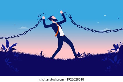 Businessman breaking chains - Powerful man breaking free from shackles and boredom. Freedom and life change concept. Vector illustration.