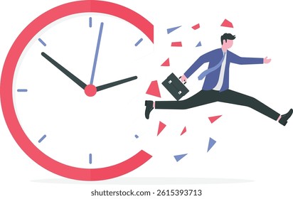 Businessman breaking a clock face running for a profit.. time is money, competition, move and faster concepts. business concept illustration, time, design, hour, career, competition, determination, ru