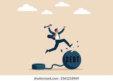 Businessman breaking free from a debt ball and chain, symbolizing financial freedom, overcoming debt, and achieving success. Ideal for financial blogs, debt management, economic empowerment campaigns.