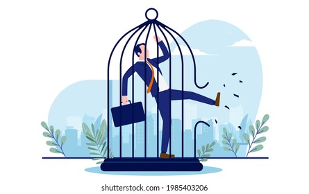 Businessman breaking free - Man kicking a cage open to find freedom. Break free from work, and life change concept. Vector illustration with white background