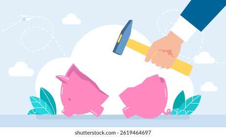 Empresário quebrando seu mealheiro e mostrando pouco dinheiro. Porquinho danificado. Problema financeiro. Elemento editável. Itens em branco. Falta de dinheiro estilo de desenho animado simples. Ilustração vetorial