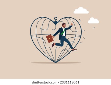 Businessman breaking out the cage big heart shape. Escape from the prison of family problem. Marriage difficulties problem, divorce or violence. Vector illustration.
