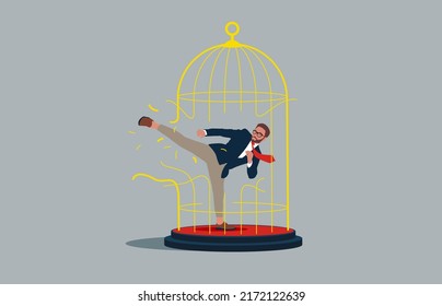 Businessman breaking out the large birdcage. Forbidden and freedom.