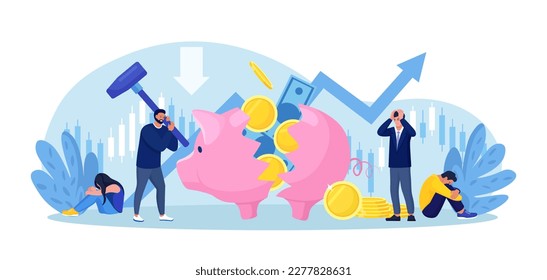 Businessman breaking piggy bank with hammer. Financial crisis, Bankruptcy, investment failure. Depressed poor man in need of money. Frustrated desperate businessmen sitting around broken money box