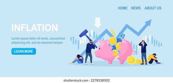 Businessman breaking piggy bank with hammer. Financial crisis, Bankruptcy, investment failure. Depressed poor man in need of money. Frustrated desperate businessmen sitting around broken money box