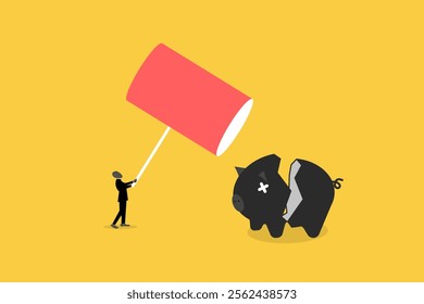 Businessman breaking piggy bank with hammer. concept of Financial crisis, Bankruptcy, investment failure. Depressed poor man in need of money