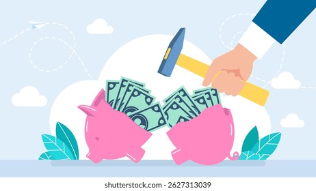 Empresário quebrando o mealheiro com martelo. Piggy Bank e Money. Crise financeira, falência, fracasso do investimento. Pobre homem deprimido precisando de dinheiro. Ilustração de vetor