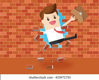 businessman breaking through a brick wall