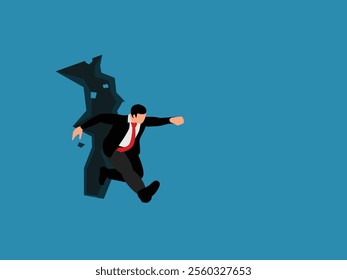 Businessman Breaking Through Wall - Concept of Success and Resilience 3d isometric vector illustration