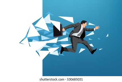 Businessman breaking through wall symbolizing escape or motivation