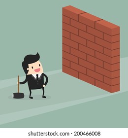 businessman breaking wall with hammer