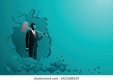 Businessman breaking wall with hammer. Vector illustration of business concept.