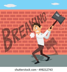 Businessman breaking wall with hammer, vector illustration cartoon