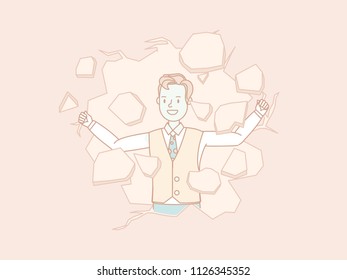 Businessman breaking wall. Linear character vector design.