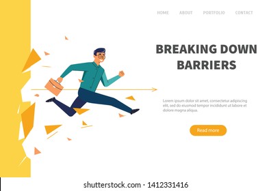 Businessman breaking wall.  Web banner man overcomes the barrier. Business concept illustration.