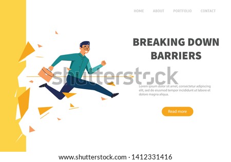 Businessman breaking wall.  Web banner man overcomes the barrier. Business concept illustration.