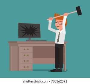Businessman breaks the computer. Vector illustration. Flat design style.